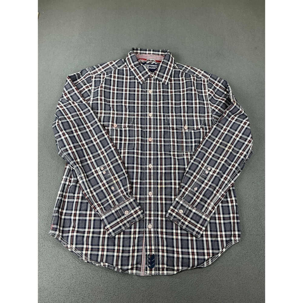 Canterbury Of New Zealand Shirt Mens L Blue Plaid Cotton Long Sleeve Button Up